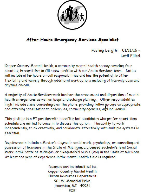 After Hours Emergency Services Specialist – Copper Country Community ...